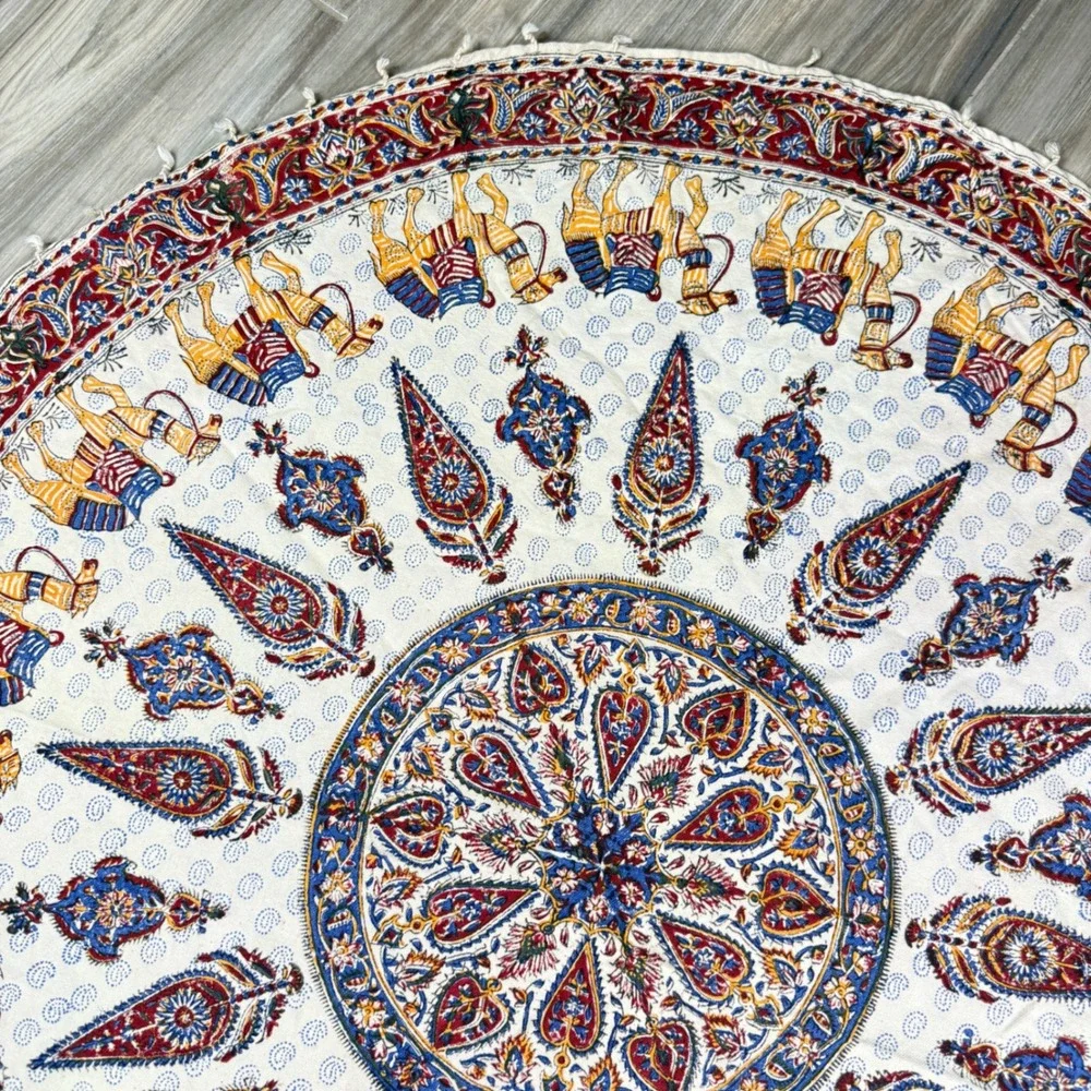 Vintage‎ Kalamkari Tablecloth Ghalamkar Block Print Round Mandala